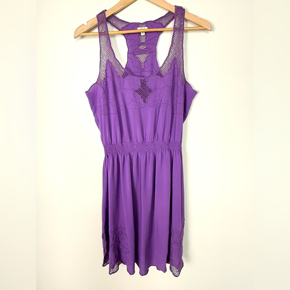 Purple Crotchet Eyelet Mini Dress Womens Size Large Cottagecore Whimsical Fairy